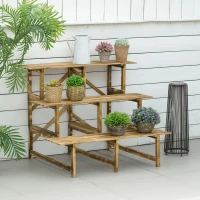 Outsunny 3 Tier Outdoor Plant Stand, Wood Ladder Shelf, Flower Pot Display Rack for Garden Backyard(m-2)