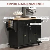 HOMCOM Isla de Cocina con Ruedas Mueble Auxiliar de Cocina con Especiero y Barra Lateral 111x44,5x82,5 cm Negro(m-6)