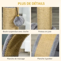 PawHut Arbre à chat arbre à grimper griffoir pour chat balle suspendue hauteur 43 cm avec poteau jute à griffer gris(m-5)