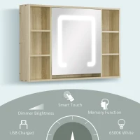 kleankin LED Bathroom Mirror Cabinet, Wall Mounted Dimmable Brightness Medicine Cabinet with Adjustable Shelf and Mirrored Door, Memory Function, USB Charge, Natural(m-4)