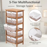 HOMCOM 5 Drawer Dresser Wicker Basket Storage Shelf Unit Wooden Frame Home Organisation Cabinet Bedroom Office Furniture Natural Finish(m-4)
