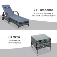 Outsunny Conjunto de 2 Tumbonas con Cojín y Respaldo Ajustable 5 Posiciones y 1 Mesita de Ratán Sintético Color Gris(m-5)