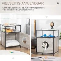 PawHut Katzenhöhle Katzenschrank Katzenbett Katzenhaus mit Tür offenem Regal Plüsch Grau+Schwarz 48 x 40 x 65,5 cm(m-5)