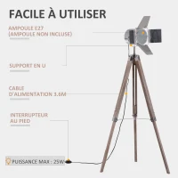 HOMCOM Lampadaire trépied projecteur style industriel néo-rétro hauteur réglable 65L x 65l x 103-146H cm bois acier métalisé(m-6)