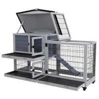 PawHut Portable Rabbit Cage, Rabbit Hutch with Run, Wheels, Three Slide-Out Trays, Ramp, Openable Top for Outdoor Indoor - Grey(m-9)