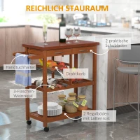 HOMCOM Küchenwagen, Servierwagen mit Weinregal, Rollwagen mit Arbeitsplatte, Korb, Handtuchhalter, Küchentrolley, Bestelltisch aus Kiefernholz, Natur 85 x 37 x 85cm(m-4)