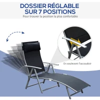 Outsunny transat Chaise Longue Bain de Soleil Pliable Dossier inclinable Multi-Positions têtière fournie 137L x 64l x 101H cm métal époxy textilène Noir(m-4)