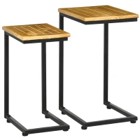 Outsunny Set 2 Tavolini da Giardino a C in Metallo e Legno di Pino con Design Impilabile, 40x30x60 cm(m-1)