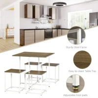 HOMCOM Modern 5-Piece Dining Table Set Metal Frame Square Kitchen Table with 4 Chairs for Dining Room, Walnut(m-5)
