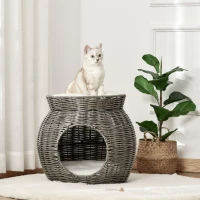 PawHut Cesta per Gatti a 2 Livelli in Rattan PE con Cuscini Lavabili in Peluche, Φ50x43.5cm(m-2)