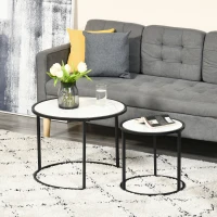 HOMCOM Juego de 2 Mesas Auxiliares Redondas Apilables Mesas Nidos con Encimera en Efecto de Mármol Ø60x46 cm y Ø40x40 cm Blanco(m-2)