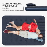 Outsunny Matelas gonflable 2 personnes avec pompe à main intégrée, 2 appuis-tête, surface floquée, pour camping, voyage, bleu(m-4)