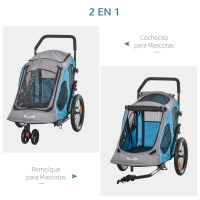 PawHut Cochecito para Perros Carro para Mascotas Plegable 2 en 1 con Manillar Rueda Delantera Giratoria 360° Enganche Retráctil Tela Oxford Carga 30 kg 140x71x105 cm Azul Gris(m-4)