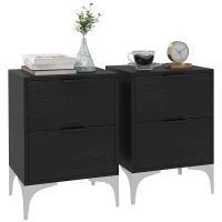 HOMCOM Set of Two Wood Effect Bedside Tables with Silver Tone Steel Base, Black(m-1)