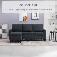 HOMCOM Canapé d'angle canapé 3 places avec méridienne réversible gauche ou droite pour salon, bureau, appartement, tissu polyester 197L x 139l x 91H cm gris foncé(m-7)