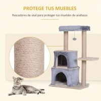 PawHut Árbol Rascador para Gatos de 92 cm Torre para Gatos Mediano con 2 Cuevas Bola Colgante y Postes para Rascar Gris(m-5)