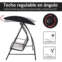 Outsunny Columpio Balancín Jardín de Ratán de 3 Plazas con Techo Ajustable y Cojín Desenfundable con Cremallera para Terraza Balcón Exterior Carga 360 kg 198x124x179 cm Negro(m-5)