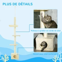 PawHut Arbre à chats poteau à griffer hauteur réglable dim. 440L x 31P x 240 - 270H cm 4 niveaux d'activités avec niche(m-6)