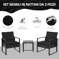 Outsunny Set da Balcone, Tavolino e 2 Sedie da Esterno in Rattan con Cuscini, Nero(m-4)