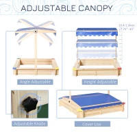 Outsunny Kids Wooden Sand Pit Sandbox Children Square Outdoor Playset Adjustable Canopy Bench Seat 120x120x120cm(m-5)