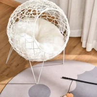 Pawhut Rattan Katzenkorb Katzenhöhle Katzenhütte Katzenbett mit Kissen erhöhtes Design Haustierbett Cremeweiß Ø45 x 57H cm(m-8)