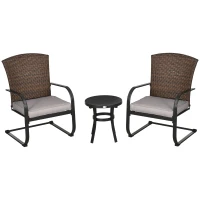 Outsunny Rattan Gartenmöbel-Set für 2 Personen inkl. Couchtisch und 2 Schaukelstühle, mit Kissen, Stahl, Braun(m-1)
