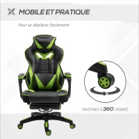 Vinsetto Chaise gaming Ergonomique, Fauteuil de Bureau confortable avec Repose-Pied, Appuie-Tête et coussin lombaire, Hauteur Réglable, noir et vert(m-6)