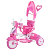 HOMCOM Triciclo per Bambini da 18-72 Mesi con Suoni e Luci, Triciclo con Maniglione e Tettuccio Rimovibile a Forma di Moto, Rosa(m-10)