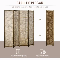 HOMCOM Biombo de 4 Paneles Plegable 160x1,8x170 cm Separador de Ambientes de Madera y Carrizo Natural(m-6)