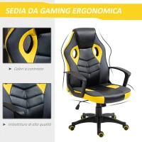 Vinsetto Sedia Gaming Ergonomica, Poltrona da Ufficio Girevole con Rotelle in Similpelle Nera e Gialla, Altezza Regolabile(m-7)