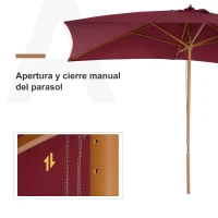 Outsunny Sombrilla de Jardín 295x200x255 cm con Mástil de Madera Varillas de Bambú y Polea Parasol Rectangular para Terraza Rojo(m-5)