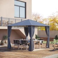 Outsunny 3 x 3(m) Hardtop Gazebo Canopy with Polycarbonate Roof, Permanent Pavilion Garden Gazebo with Curtains for Patio, Deck, Grey(m-12)