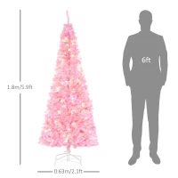 HOMCOM 6FT Tall Prelit Pencil Slim Artificial Christmas Tree with Realistic Branches, Warm White LED Lights and Tips, Xmas Decoration, Pink(m-3)