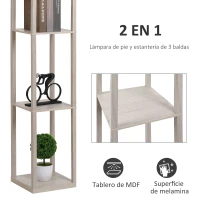 HOMCOM Lámpara de Pie con Estantes de Almacenaje, Lámpara de Madera Moderna, Bombilla E27, para Salón, Dormitorio, Oficina, Roble(m-4)