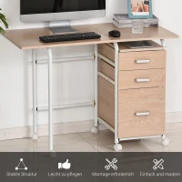 HOMCOM Mobiler Schreibtisch Aktenschrank klappbarer Computertisch Bürotisch mit Schubladen und Rollen Rollcontainer Spanplatte Metall Weiß 105 x 50 x 74 cm(m-6)