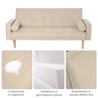 HOMCOM Divano Letto 3 Posti con Schienale Regolabile su 3 Livelli, 2 Cuscini e Braccioli Rimovibili, Beige, 185x84x85cm(m-5)