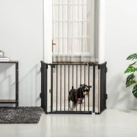 PawHut Hunde Absperrgitter Türschutzgitter Haustierschutzgitter verstellbar klappbar Kamingitter mit automatische schließenden Tür 3 Paneele für Ofen Wandmontage/Freistehend Schwarz 202,5 x 76 cm(m-2)