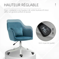 HOMCOM Chaise de bureau velours fauteuil bureau massant coussin lombaire intégré hauteur réglable pivotante 360° bleu(m-5)