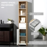 kleankin Scaffale Bagno Salvaspazio in Legno, Mobiletto a Colonna con Ripiani, Armadietto e Cassetto, Bianco, 32.6x30x171.2cm(m-4)