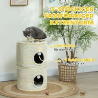 PawHut Kratztonne, 3 Ebenen, mit Kissen, Kratzmatte, Spielbällen, Katzenhaus für Innenbereich, Cremeweiß(m-5)