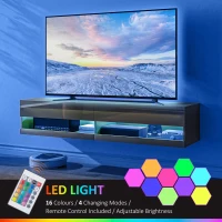 HOMCOM Floating TV Unit, Wall Mounted TV Cabinet for TVs up to 65", High Gloss Media Wall Unit with LED Lights, Storage Shelves for Living Entertainment Room, Black(m-5)