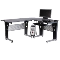 HOMCOM Computertisch Eckschreibtisch Schreibtisch Bürotisch PC Tisch mit schwarzem Sicherheitsglas L-förmig 164x139x75 cm(m-1)