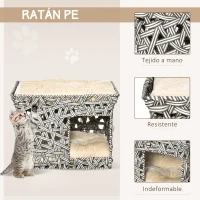 PawHut Cesta de Ratán para Gatos de 2 Pisos Cueva Cama de Gato Tipo Caseta con 2 Cojines Suaves Estructura de Metal 51x42x37 cm Gris y Beige(m-6)