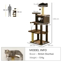 PawHut 136cm Cat Tree for Indoor Cats, Modern Cat Tower with Scratching Posts, house, Platforms, Toy Ball - Brown(m-3)