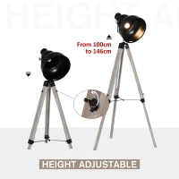 HOMCOM Industrial Tripod Base Cone Floor Lamp w/ Wood Legs Metal Shade Power Switch Adjustable Height Angle Home Office Styling Lighting Furniture Vintage Retro(m-4)