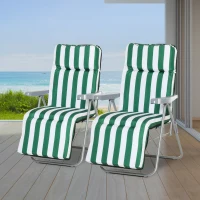 Outsunny 2 Pieces Outdoor Sun Lounger Set with Cushions, Patio Folding 5-Level   Adjustable Backrest Recliner Chairs Set of 2 with High Backrest and Armrests, Green & White(m-2)