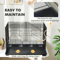 PawHut Bird Cage with Divider, 4 Wooden Perches, Slide Out Tray, 4 Feeders, for Budgie, Lovebird, Canary, 76 x 46 x 46cm, Black(m-7)