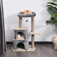 PawHut Arbre à chat 3 griffoirs grattoirs sisal naturel plateformes panier niches et boule suspendue dim. 60L x 40l x 92H cm peluche haute densité 500 g/m² gris beige(m-2)