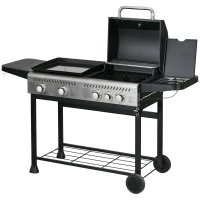 Outsunny 12kW Deluxe Duo Gas BBQ, with Grill, Plancha and Side Burner - Black(m-11)