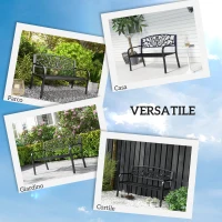 Outsunny Panchina da Giardino in Metallo con Schienale Decorato, 127x60x87cm - Nero(m-6)